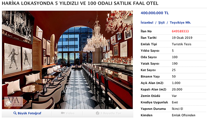 100 odalı 5 yıldızlı otel 400 milyon liraya satışa çıkarıldı